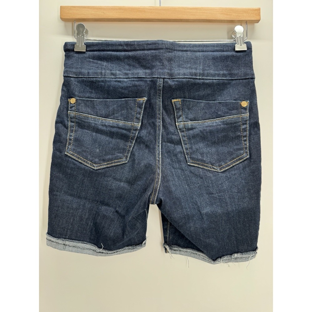 Dark Wash Pull On Denim Shorts Frayed Raw Hem Bermuda Indigo Boho Distressed - Picture 2 of 6